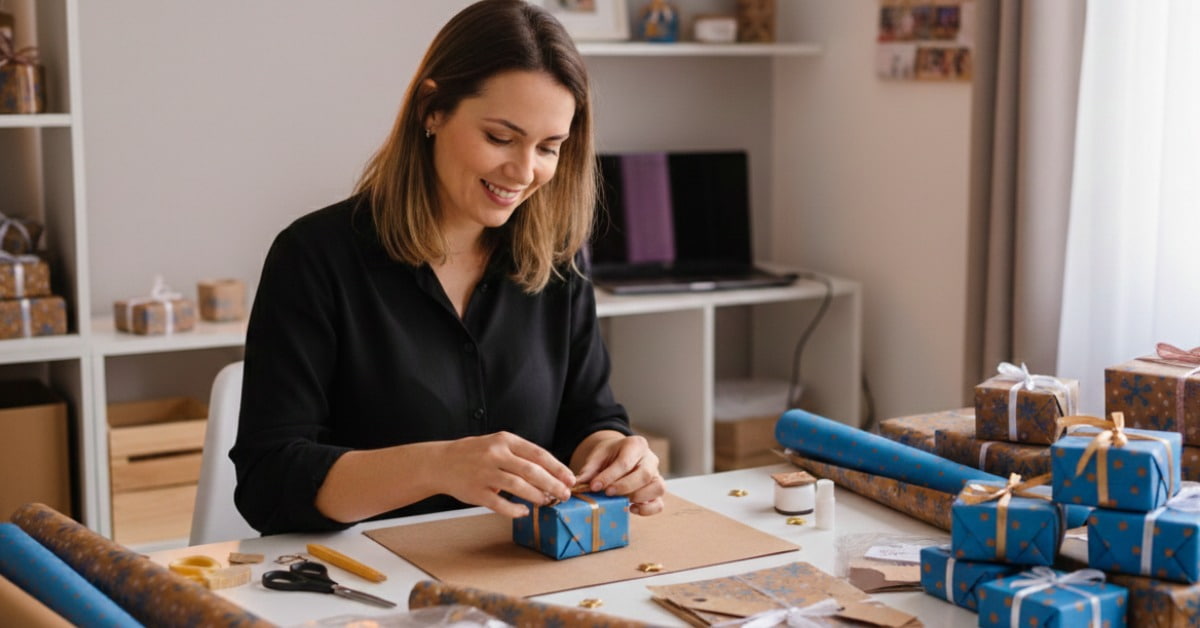 Empreendedora fazendo lembrancinhas para vender após aprender como fazer lembrancinhas